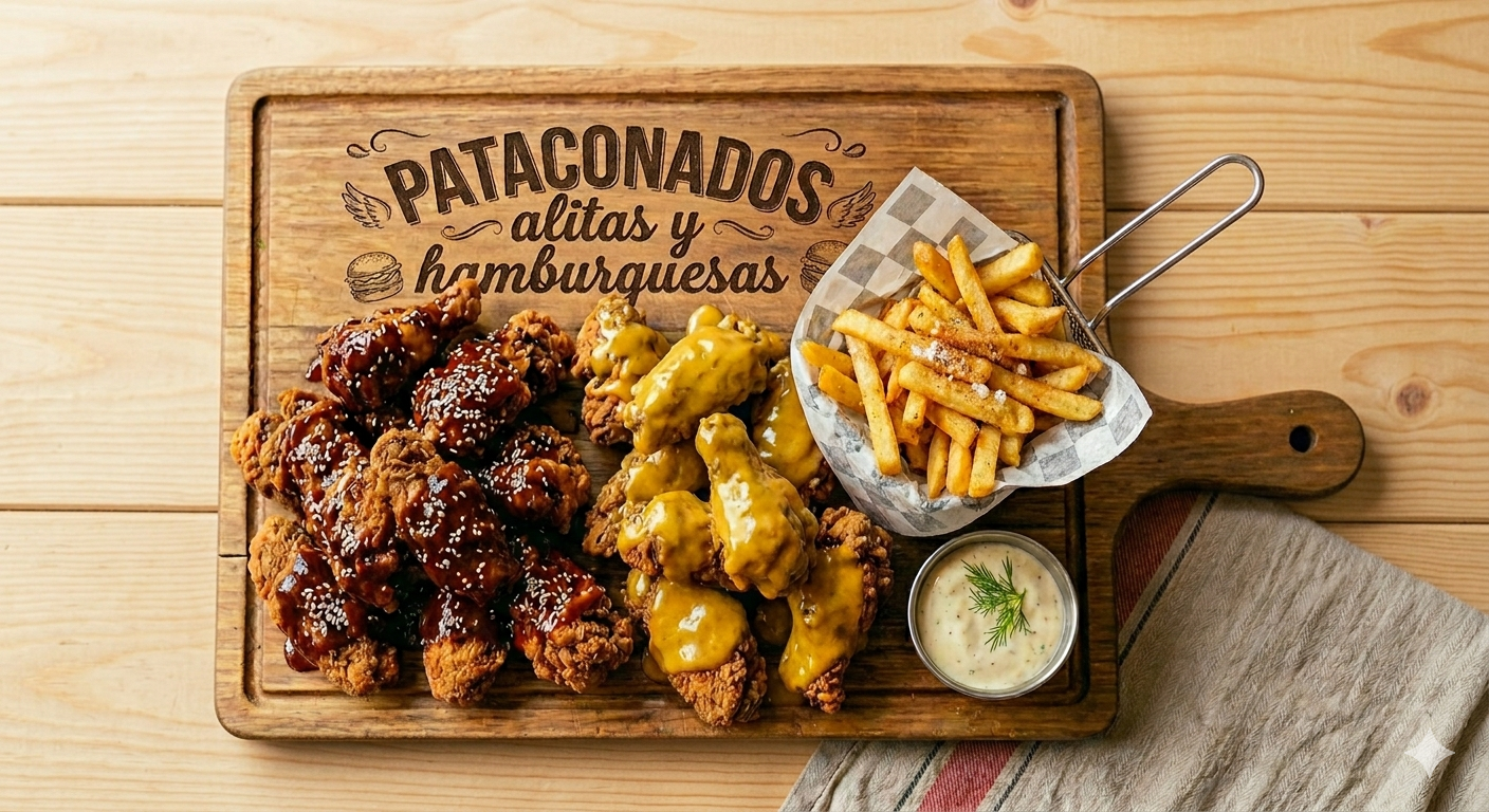 Combo Familiar Pataconados: alitas BBQ, alitas miel mostaza y papas fritas en tabla de madera